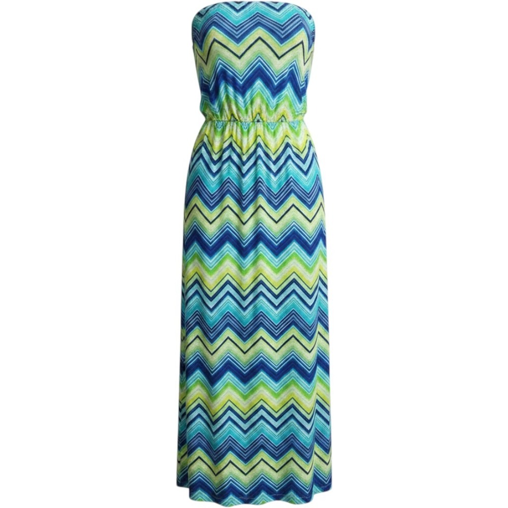 Lily Bleu Sz L Strapless Chevron Maxi Casual Dress Neon Striped Belted